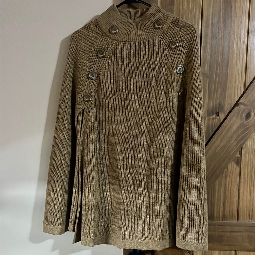 Cozy Tan Button-Detail Women's Turtleneck Sweater cover